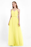 V Neck Tulle Spaghetti Straps Bridesmaid Dress Long Formal Evening Prom Dresses Gowns