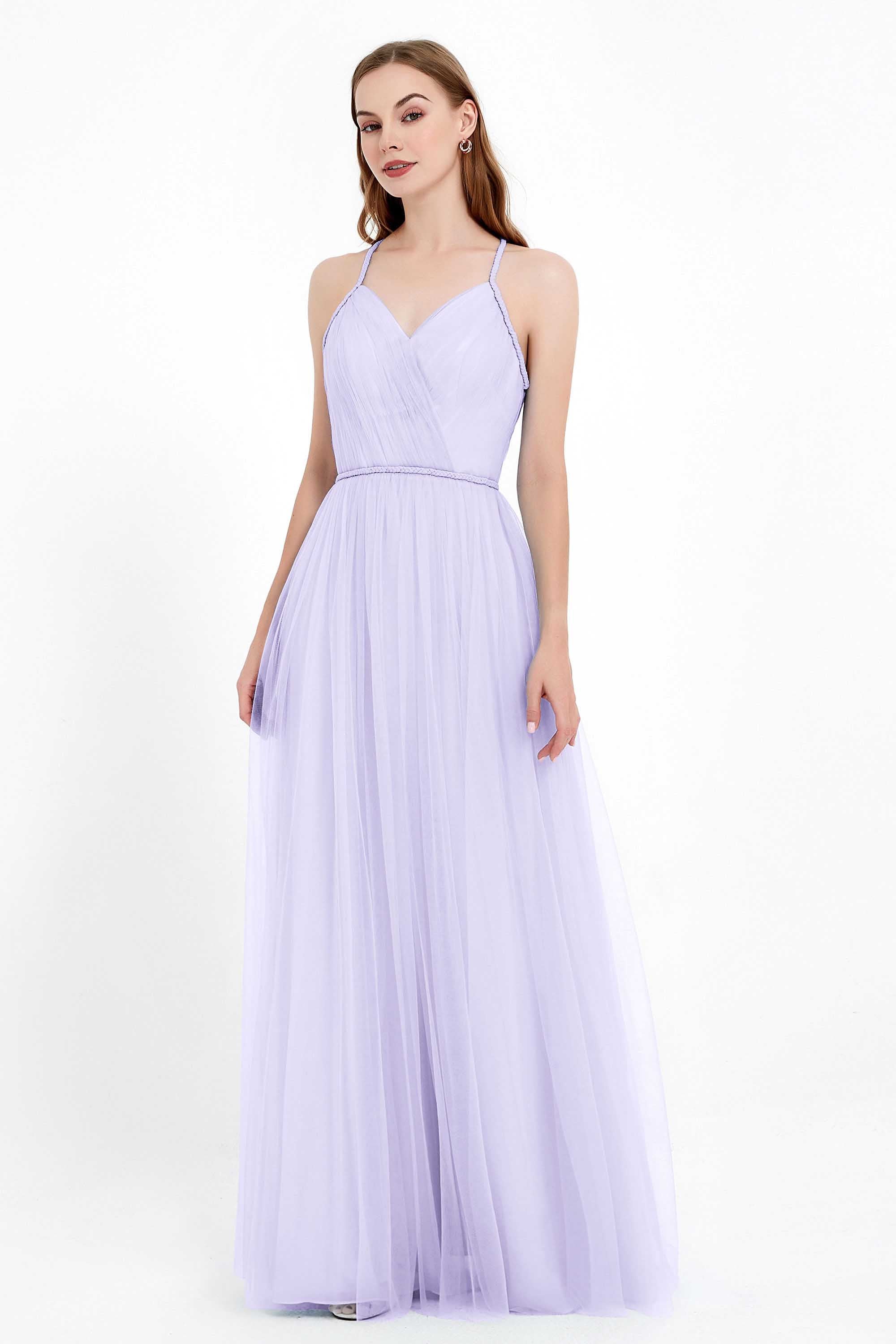 V Neck Tulle Spaghetti Straps Bridesmaid Dress Long Formal Evening Prom Dresses Gowns
