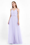 V Neck Tulle Spaghetti Straps Bridesmaid Dress Long Formal Evening Prom Dresses Gowns