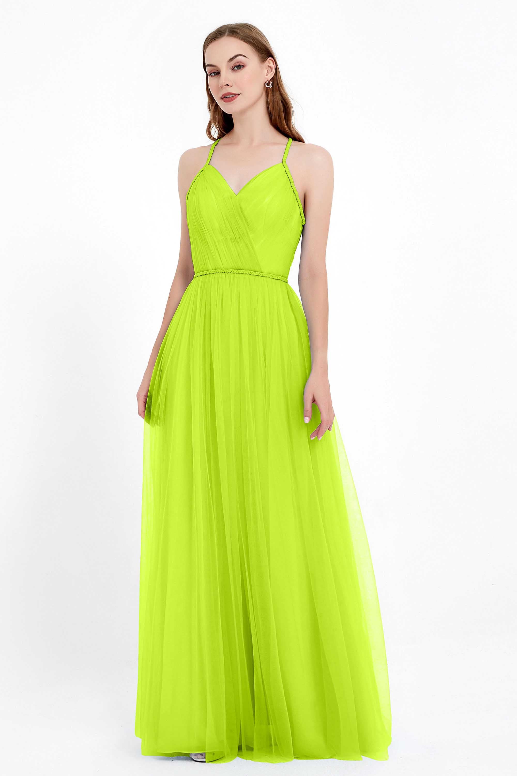V Neck Tulle Spaghetti Straps Bridesmaid Dress Long Formal Evening Prom Dresses Gowns