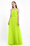 V Neck Tulle Spaghetti Straps Bridesmaid Dress Long Formal Evening Prom Dresses Gowns