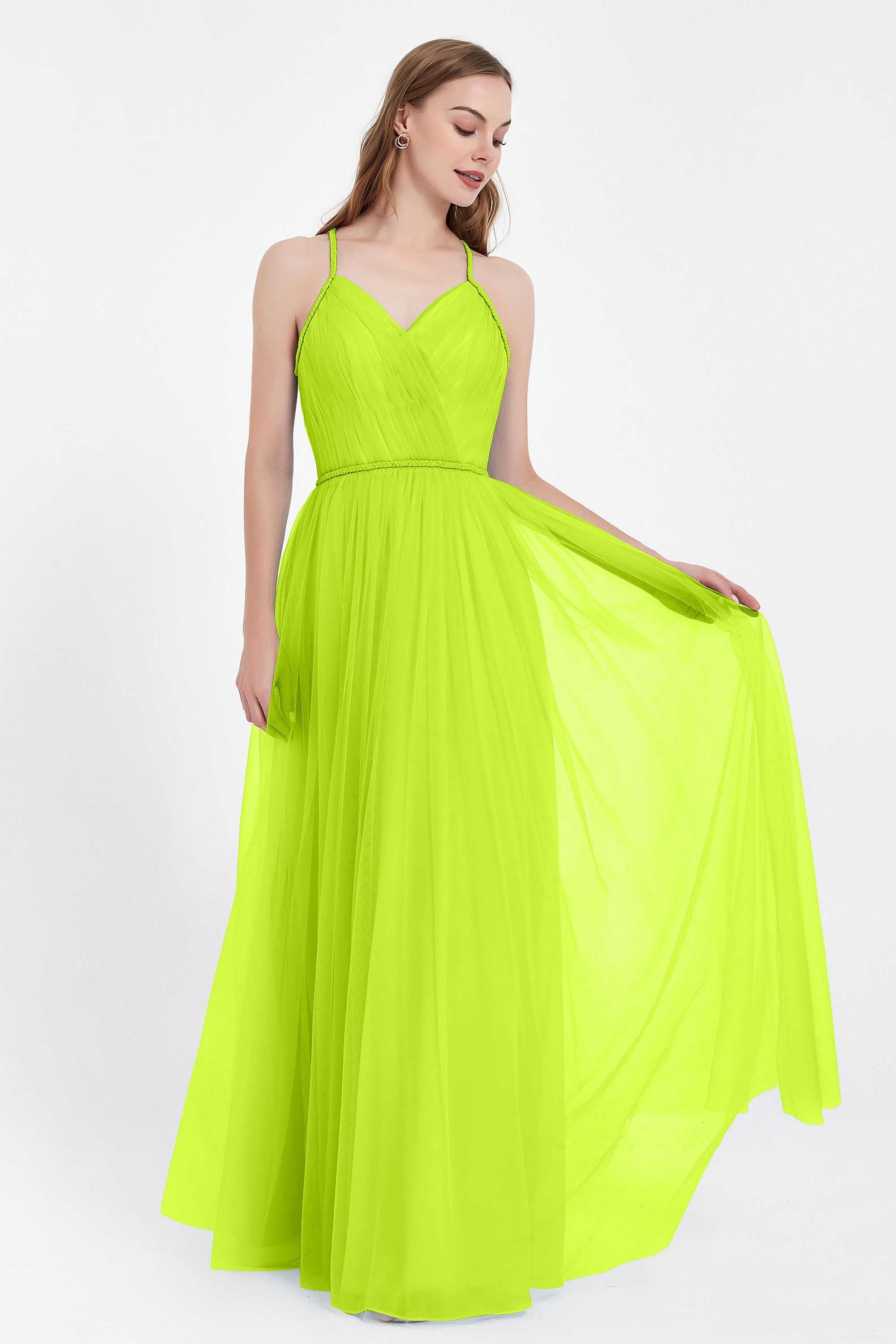 V Neck Tulle Spaghetti Straps Bridesmaid Dress Long Formal Evening Prom Dresses Gowns