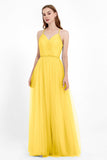 V Neck Tulle Spaghetti Straps Bridesmaid Dress Long Formal Evening Prom Dresses Gowns
