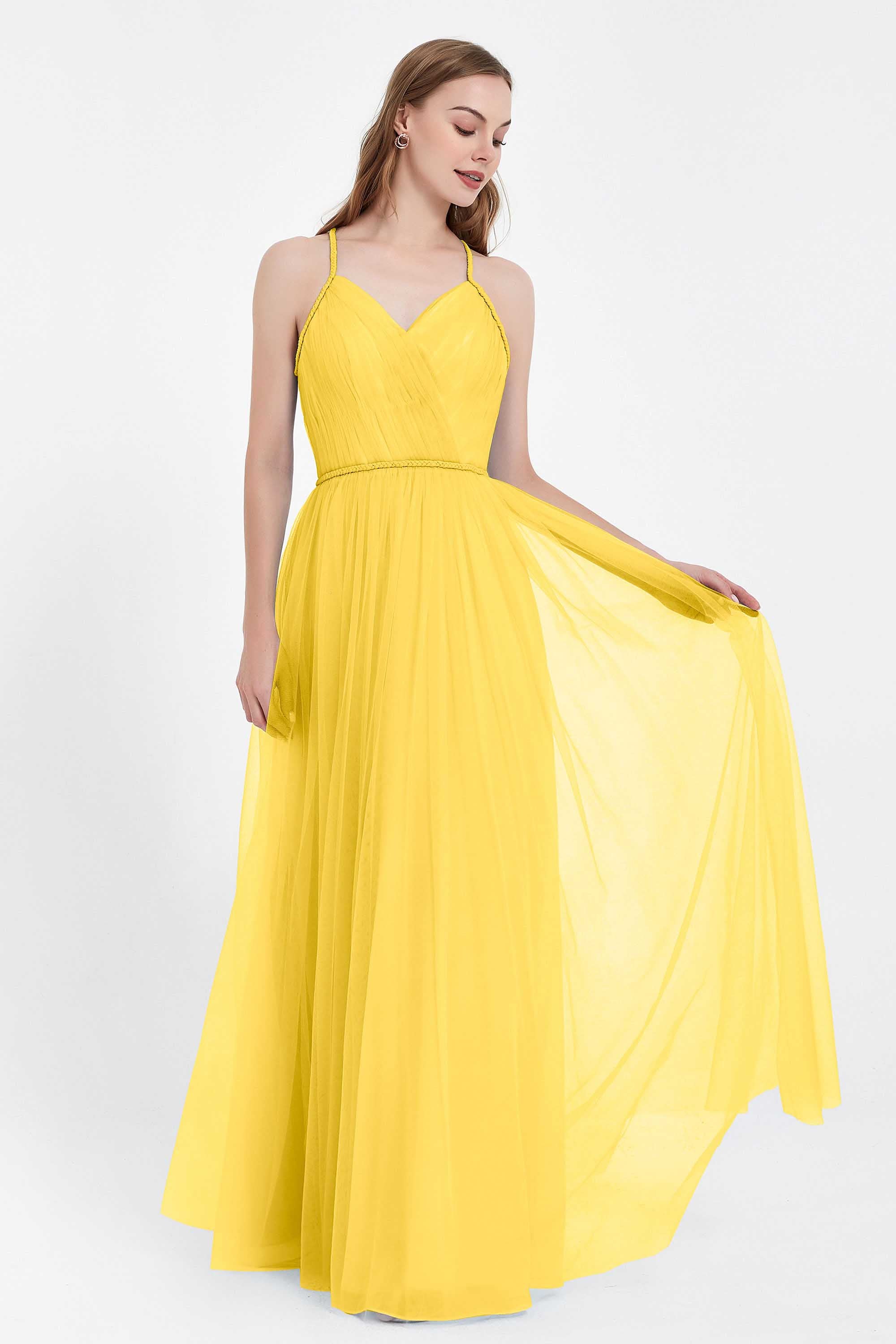 V Neck Tulle Spaghetti Straps Bridesmaid Dress Long Formal Evening Prom Dresses Gowns