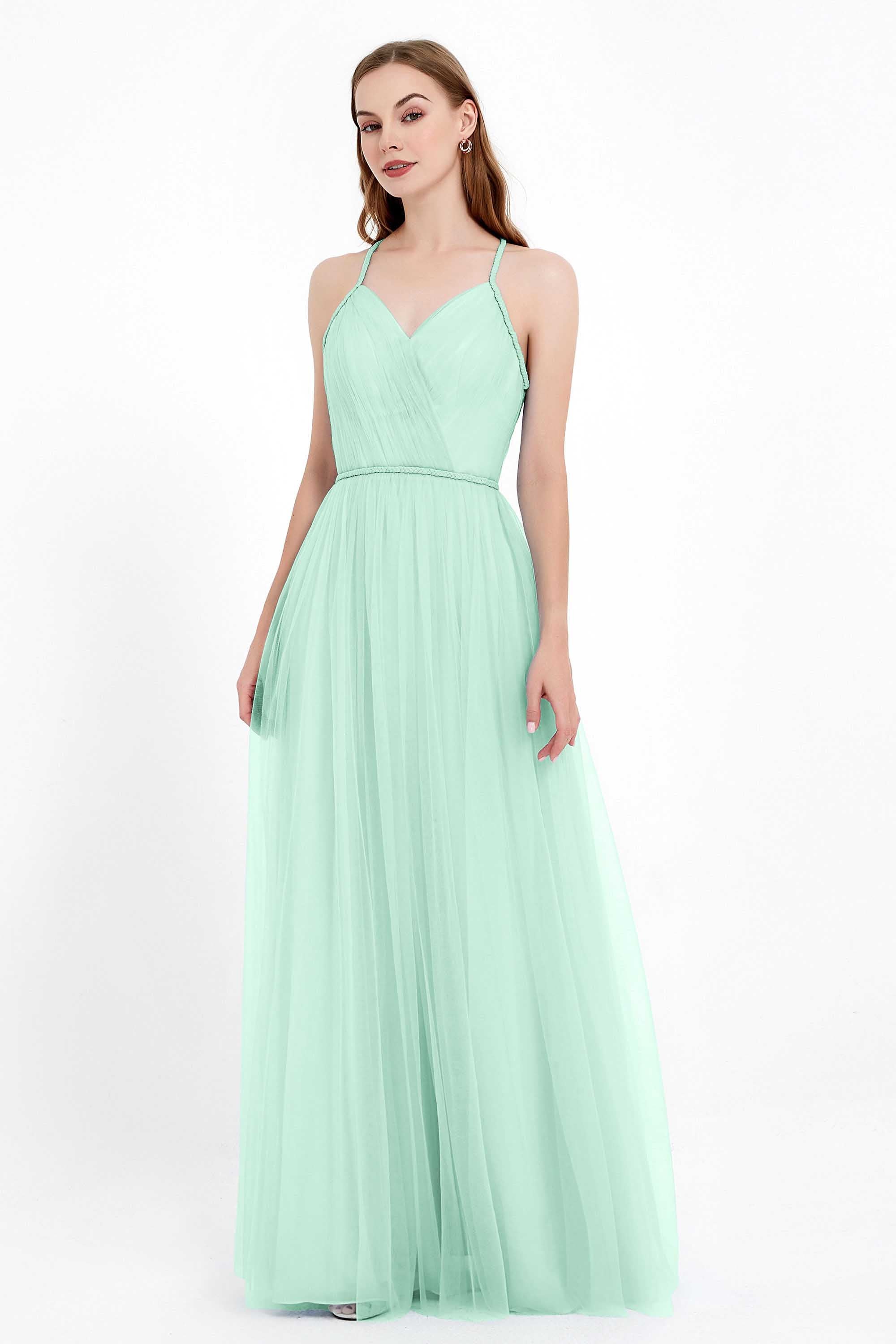 V Neck Tulle Spaghetti Straps Bridesmaid Dress Long Formal Evening Prom Dresses Gowns