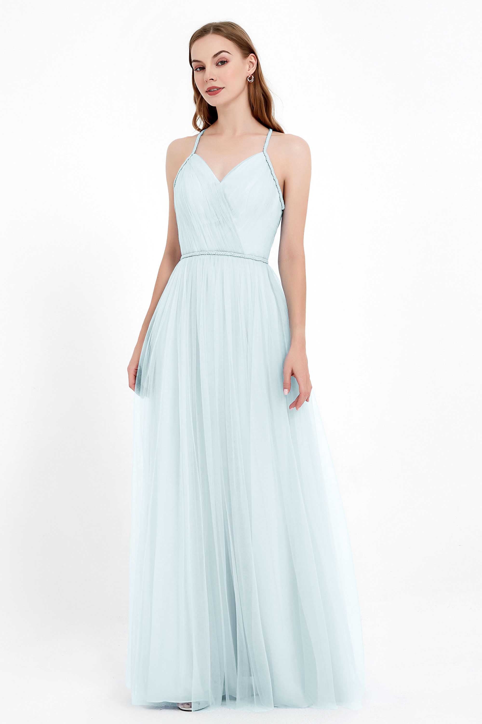 V Neck Tulle Spaghetti Straps Bridesmaid Dress Long Formal Evening Prom Dresses Gowns