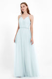 V Neck Tulle Spaghetti Straps Bridesmaid Dress Long Formal Evening Prom Dresses Gowns