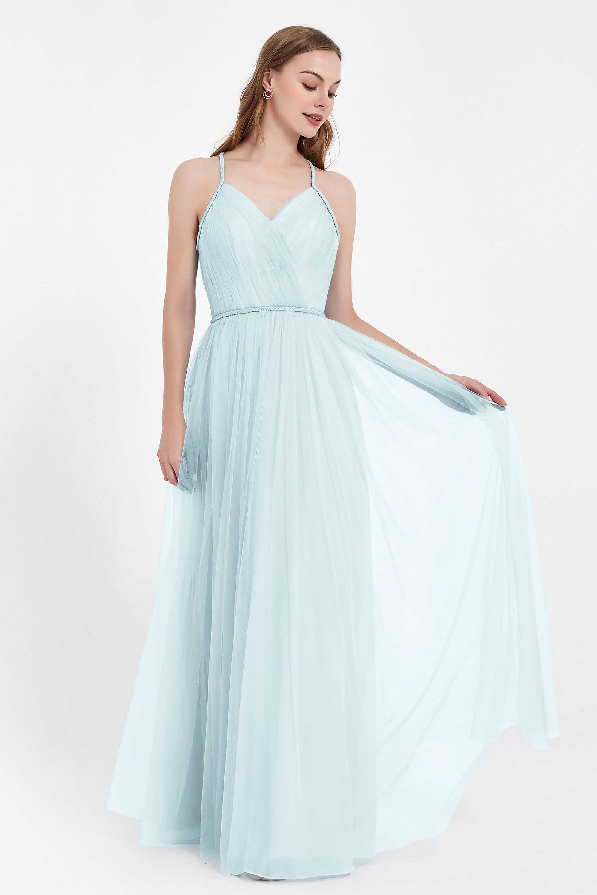 V Neck Tulle Spaghetti Straps Bridesmaid Dress Long Formal Evening Prom Dresses Gowns