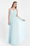 V Neck Tulle Spaghetti Straps Bridesmaid Dress Long Formal Evening Prom Dresses Gowns