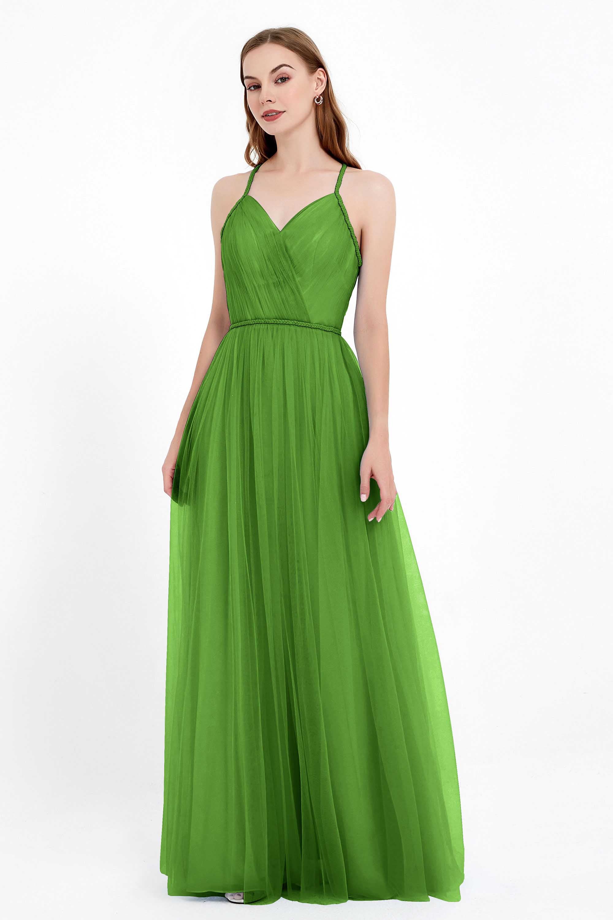 V Neck Tulle Spaghetti Straps Bridesmaid Dress Long Formal Evening Prom Dresses Gowns