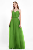 V Neck Tulle Spaghetti Straps Bridesmaid Dress Long Formal Evening Prom Dresses Gowns
