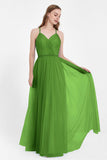 V Neck Tulle Spaghetti Straps Bridesmaid Dress Long Formal Evening Prom Dresses Gowns