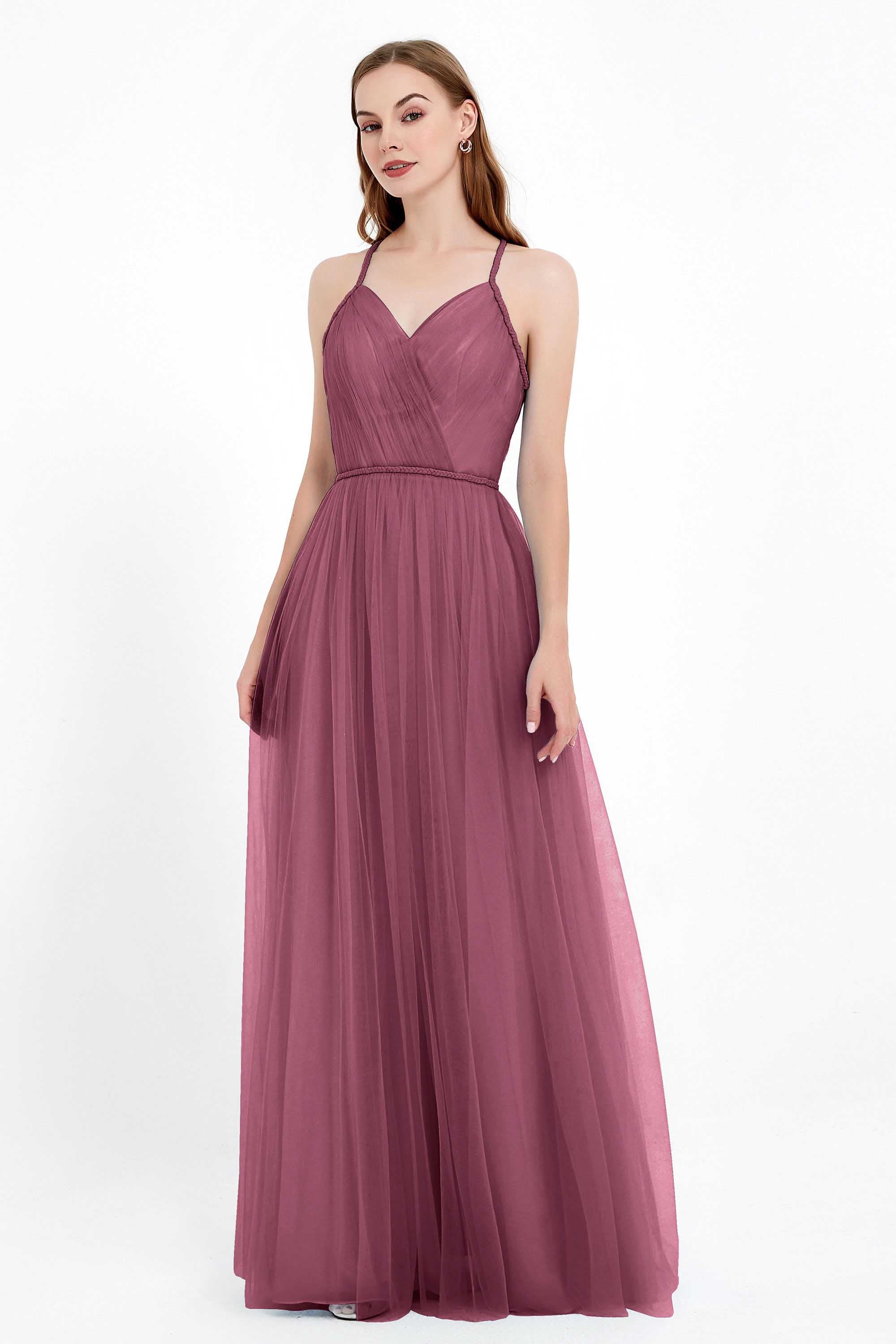 V Neck Tulle Spaghetti Straps Bridesmaid Dress Long Formal Evening Prom Dresses Gowns