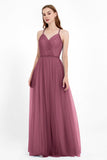 V Neck Tulle Spaghetti Straps Bridesmaid Dress Long Formal Evening Prom Dresses Gowns