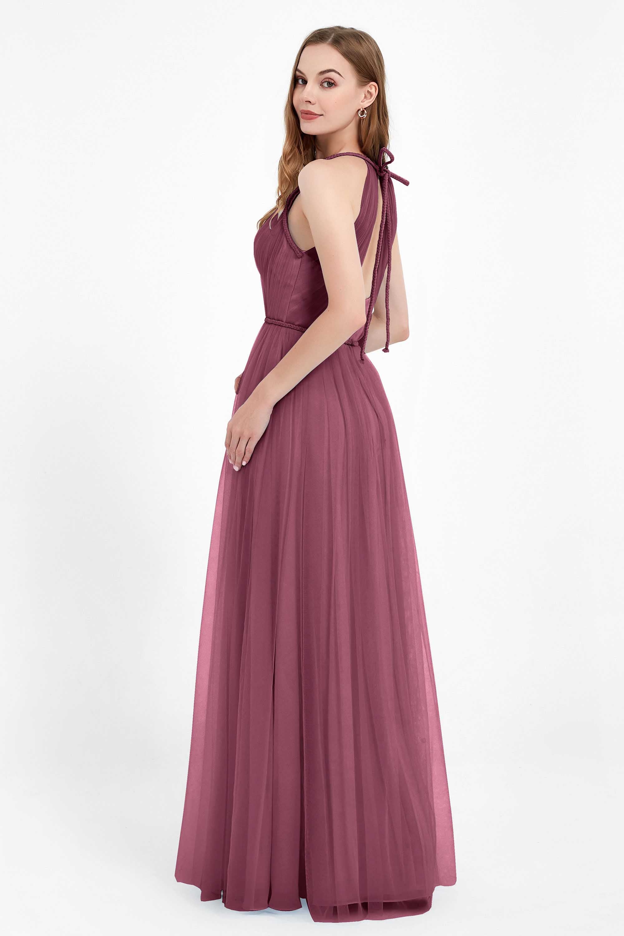 V Neck Tulle Spaghetti Straps Bridesmaid Dress Long Formal Evening Prom Dresses Gowns