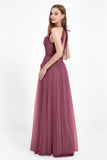 V Neck Tulle Spaghetti Straps Bridesmaid Dress Long Formal Evening Prom Dresses Gowns