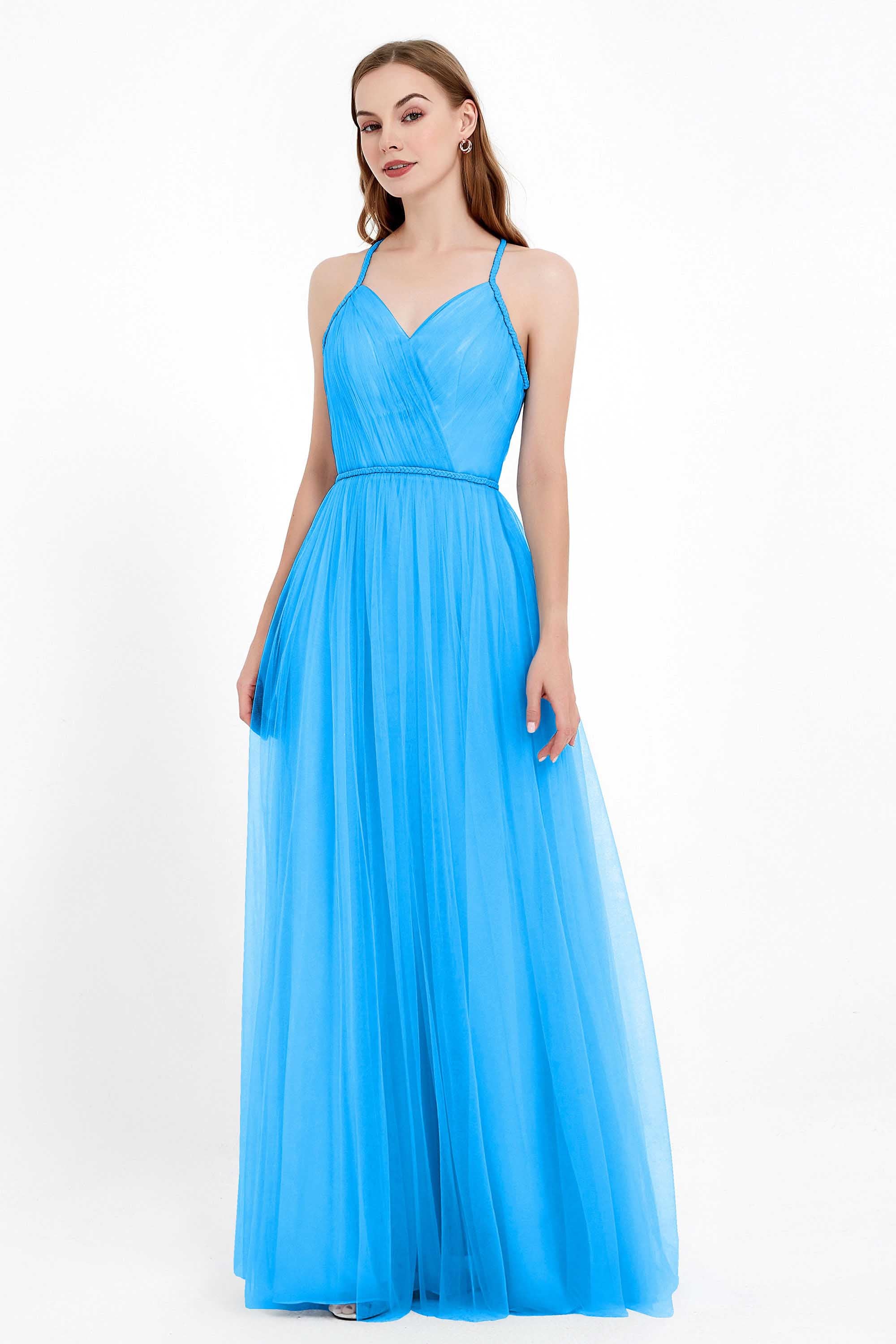 V Neck Tulle Spaghetti Straps Bridesmaid Dress Long Formal Evening Prom Dresses Gowns