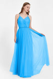 V Neck Tulle Spaghetti Straps Bridesmaid Dress Long Formal Evening Prom Dresses Gowns