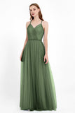 V Neck Tulle Spaghetti Straps Bridesmaid Dress Long Formal Evening Prom Dresses Gowns