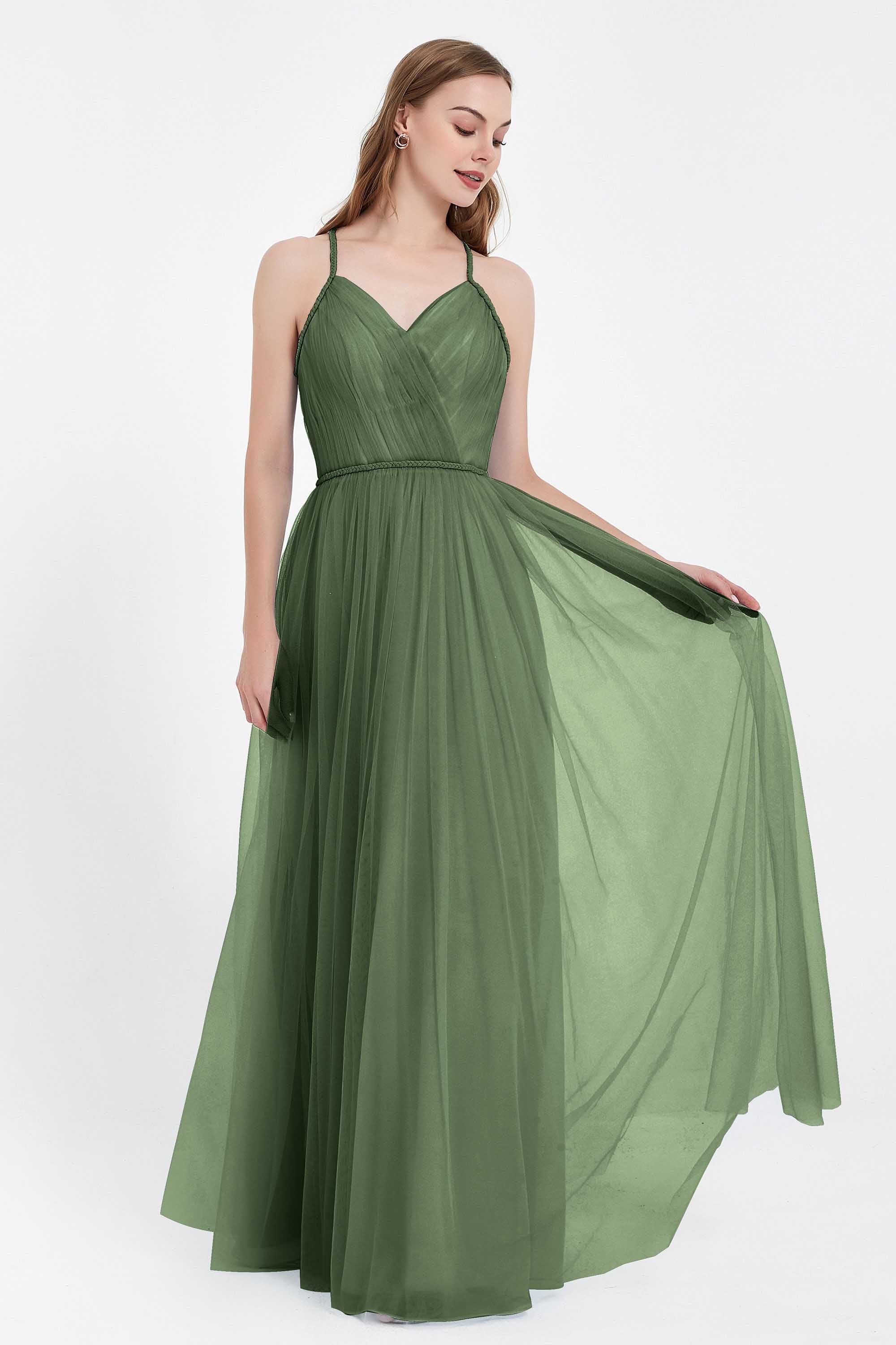 V Neck Tulle Spaghetti Straps Bridesmaid Dress Long Formal Evening Prom Dresses Gowns