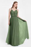 V Neck Tulle Spaghetti Straps Bridesmaid Dress Long Formal Evening Prom Dresses Gowns