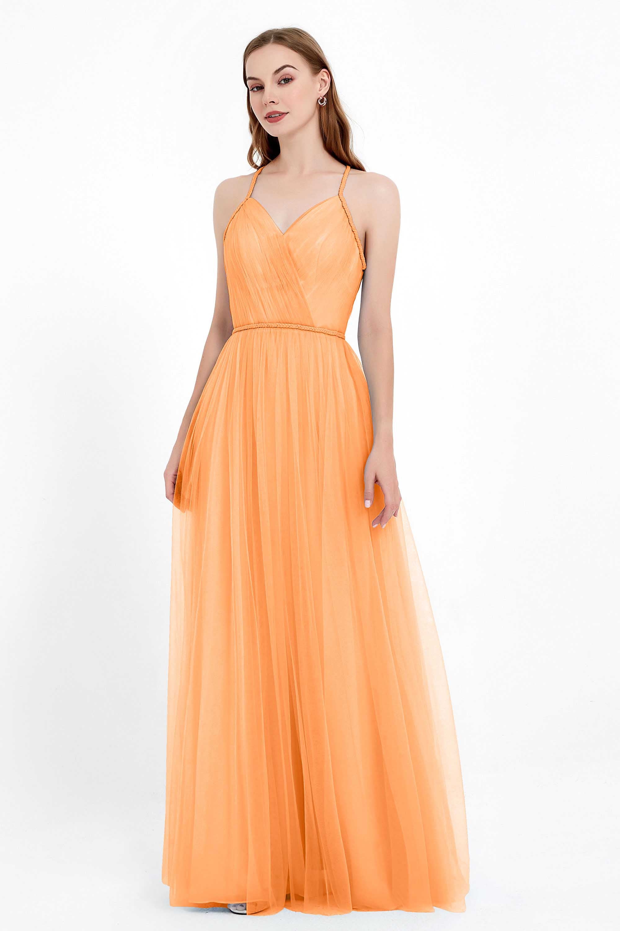 V Neck Tulle Spaghetti Straps Bridesmaid Dress Long Formal Evening Prom Dresses Gowns