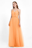 V Neck Tulle Spaghetti Straps Bridesmaid Dress Long Formal Evening Prom Dresses Gowns