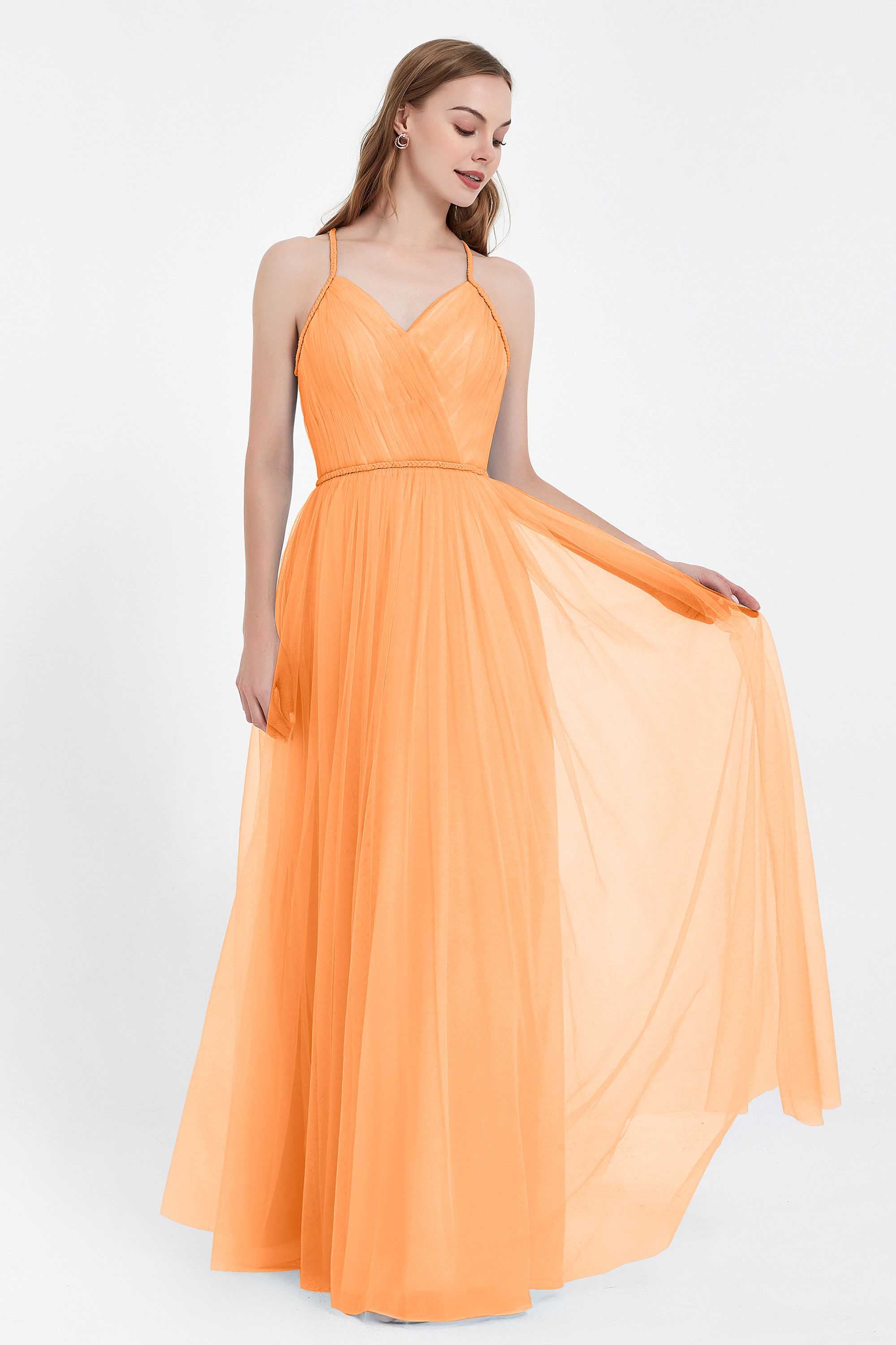 V Neck Tulle Spaghetti Straps Bridesmaid Dress Long Formal Evening Prom Dresses Gowns