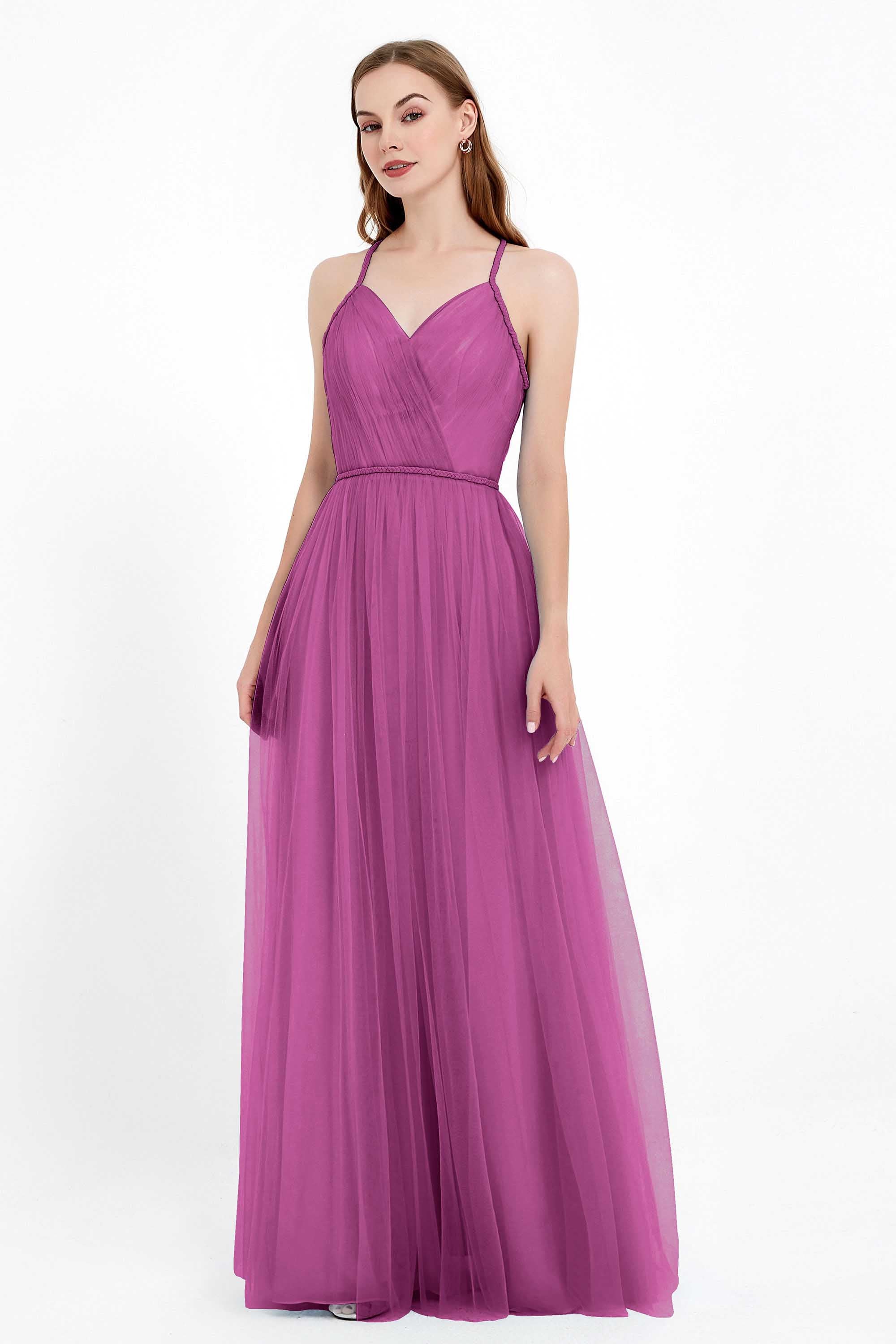 V Neck Tulle Spaghetti Straps Bridesmaid Dress Long Formal Evening Prom Dresses Gowns