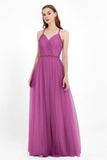 V Neck Tulle Spaghetti Straps Bridesmaid Dress Long Formal Evening Prom Dresses Gowns
