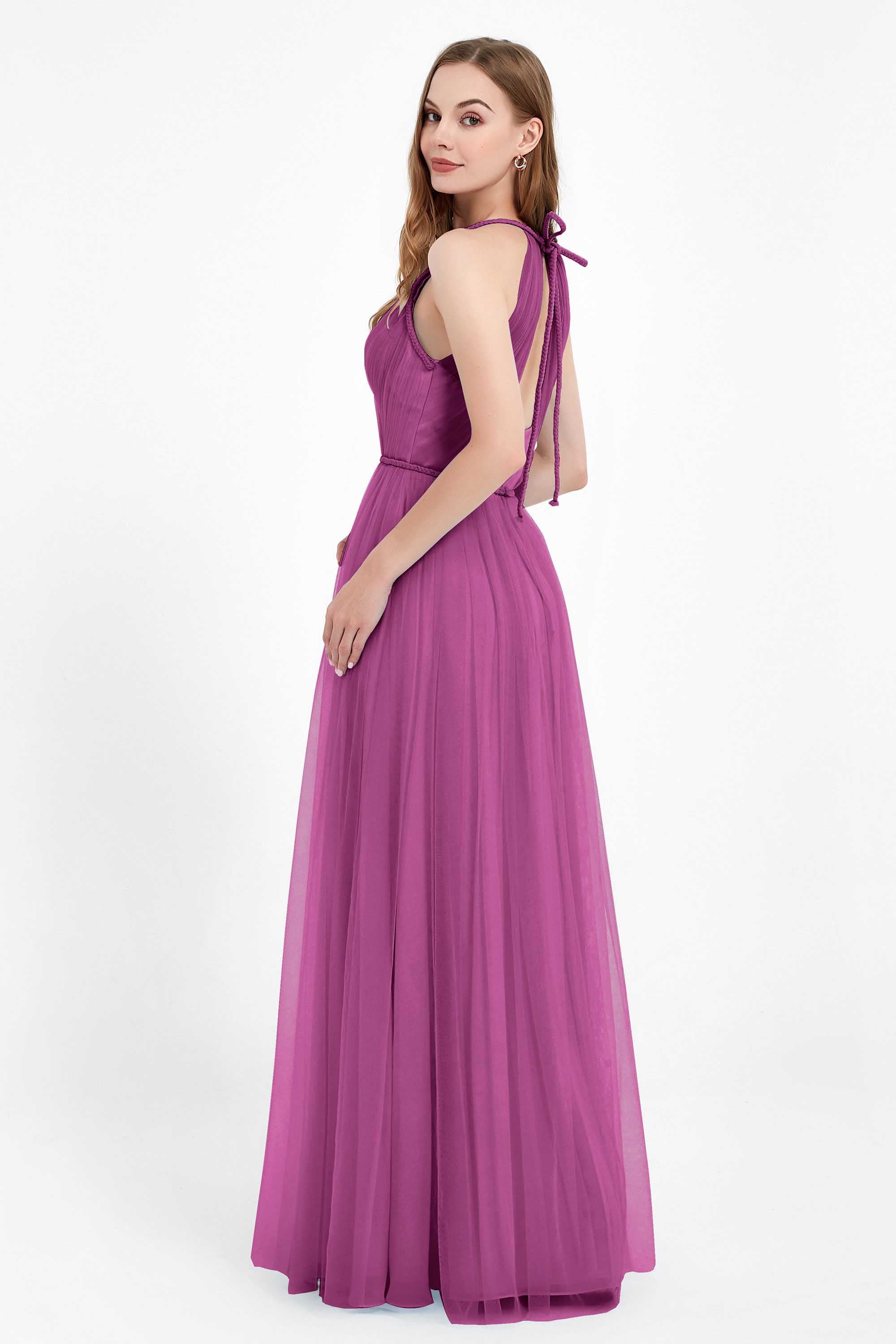 V Neck Tulle Spaghetti Straps Bridesmaid Dress Long Formal Evening Prom Dresses Gowns