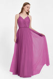 V Neck Tulle Spaghetti Straps Bridesmaid Dress Long Formal Evening Prom Dresses Gowns