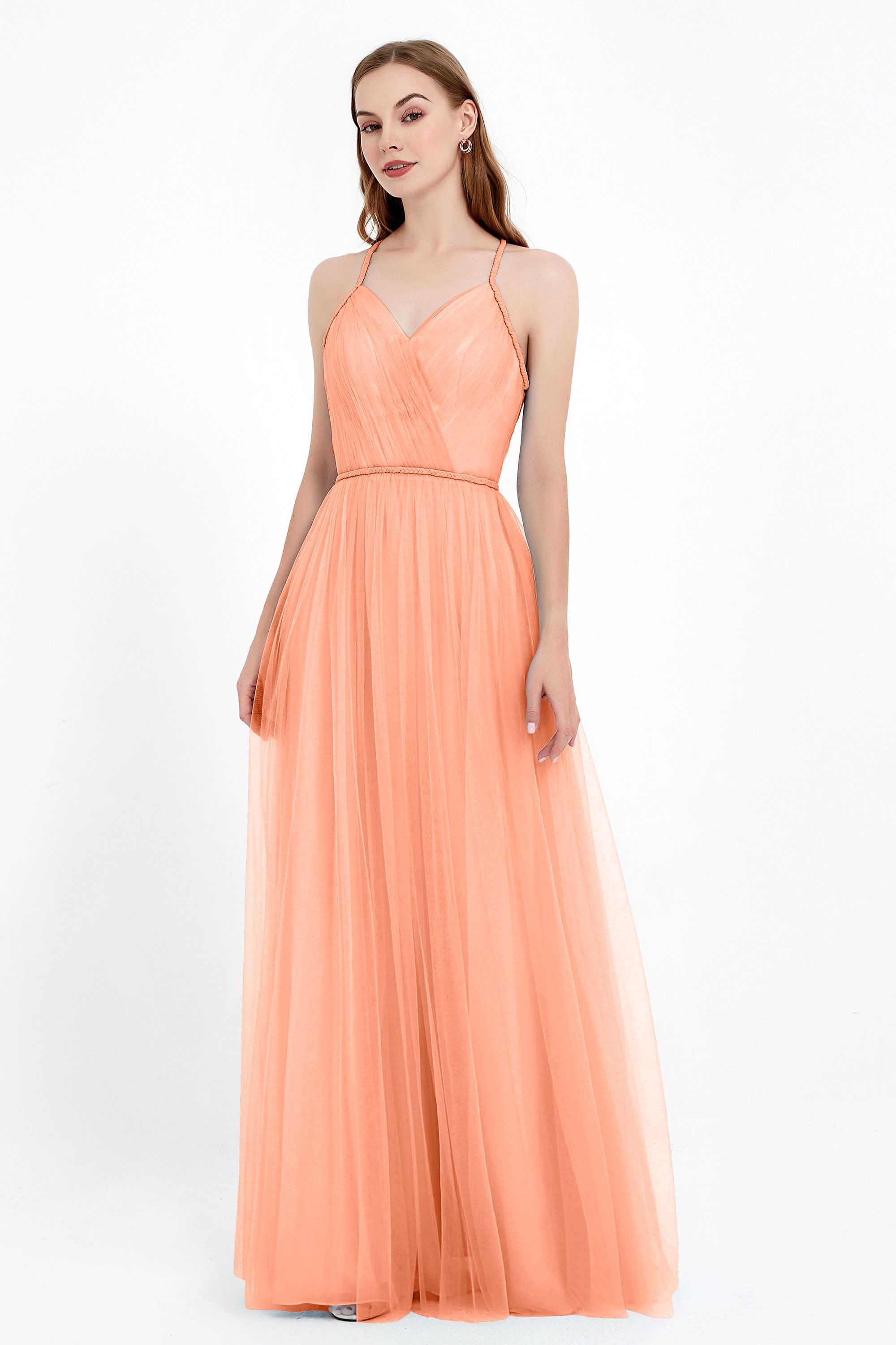 V Neck Tulle Spaghetti Straps Bridesmaid Dress Long Formal Evening Prom Dresses Gowns