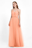 V Neck Tulle Spaghetti Straps Bridesmaid Dress Long Formal Evening Prom Dresses Gowns