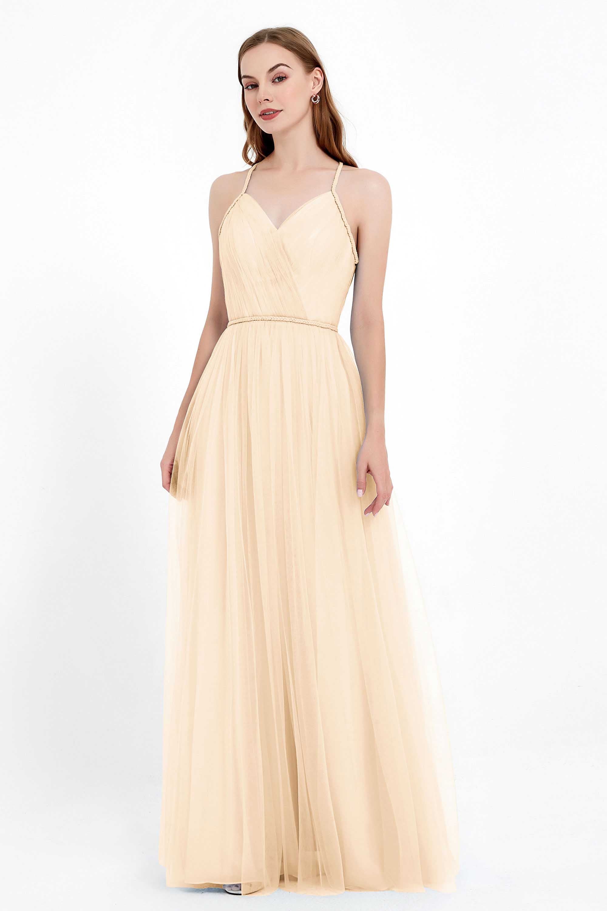 V Neck Tulle Spaghetti Straps Bridesmaid Dress Long Formal Evening Prom Dresses Gowns