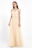 V Neck Tulle Spaghetti Straps Bridesmaid Dress Long Formal Evening Prom Dresses Gowns