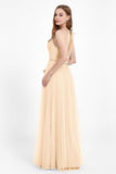 V Neck Tulle Spaghetti Straps Bridesmaid Dress Long Formal Evening Prom Dresses Gowns
