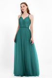 V Neck Tulle Spaghetti Straps Bridesmaid Dress Long Formal Evening Prom Dresses Gowns