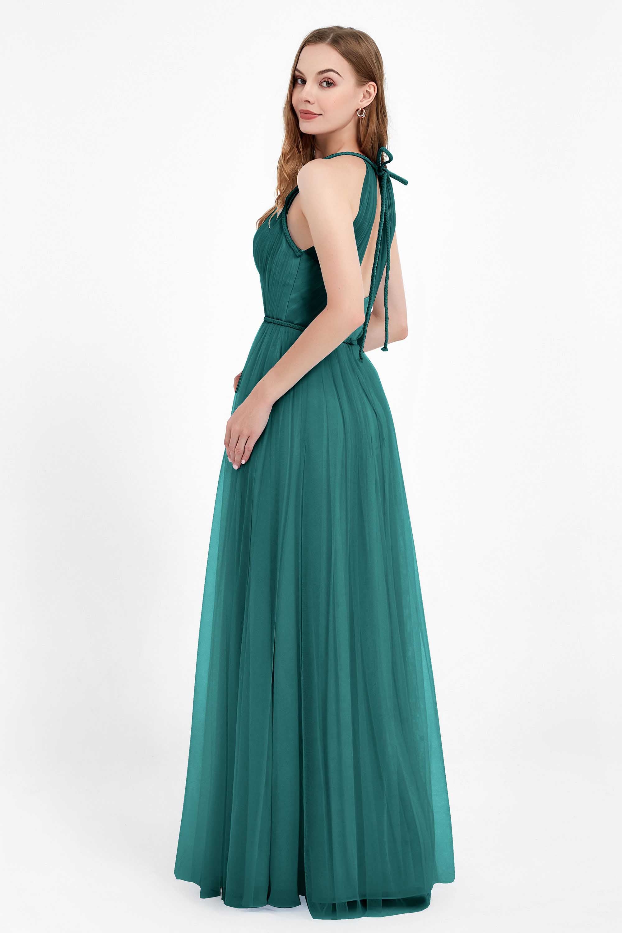 V Neck Tulle Spaghetti Straps Bridesmaid Dress Long Formal Evening Prom Dresses Gowns