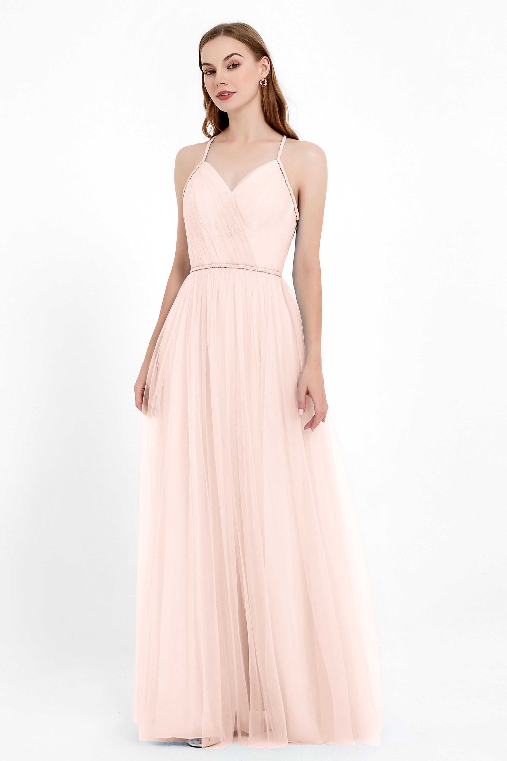 V Neck Tulle Spaghetti Straps Bridesmaid Dress Long Formal Evening Prom Dresses Gowns