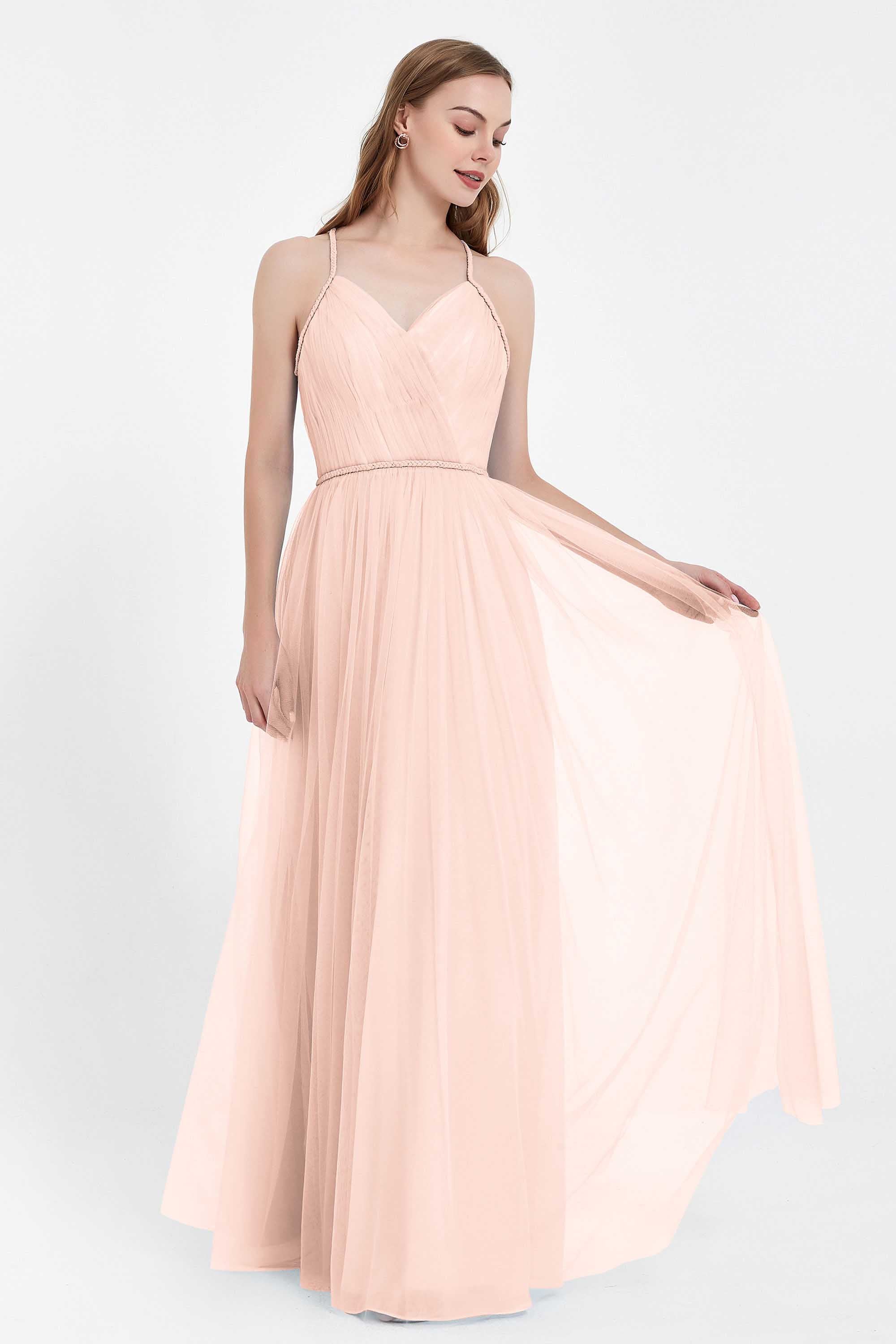 V Neck Tulle Spaghetti Straps Bridesmaid Dress Long Formal Evening Prom Dresses Gowns