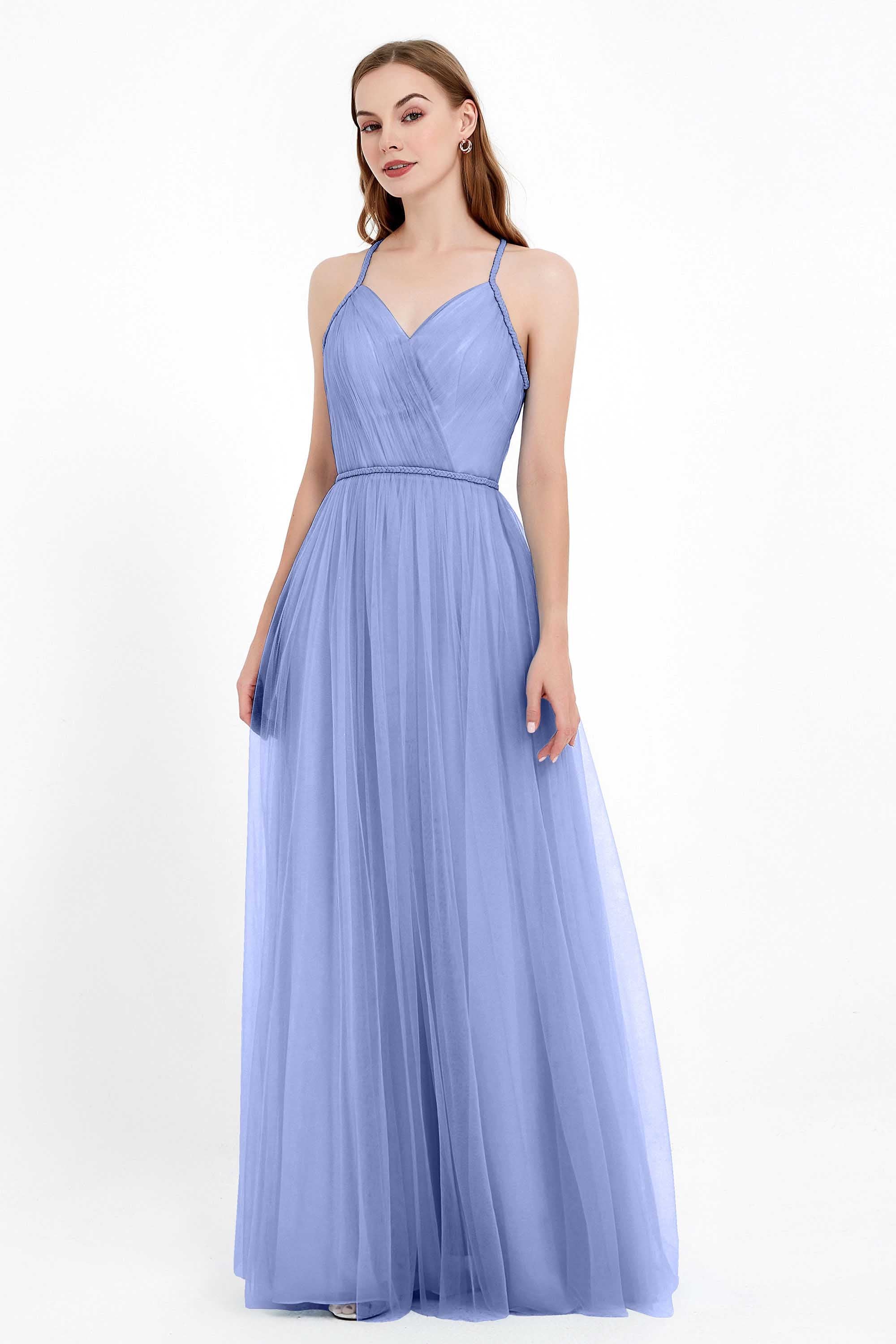 V Neck Tulle Spaghetti Straps Bridesmaid Dress Long Formal Evening Prom Dresses Gowns