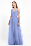 V Neck Tulle Spaghetti Straps Bridesmaid Dress Long Formal Evening Prom Dresses Gowns