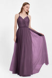 V Neck Tulle Spaghetti Straps Bridesmaid Dress Long Formal Evening Prom Dresses Gowns