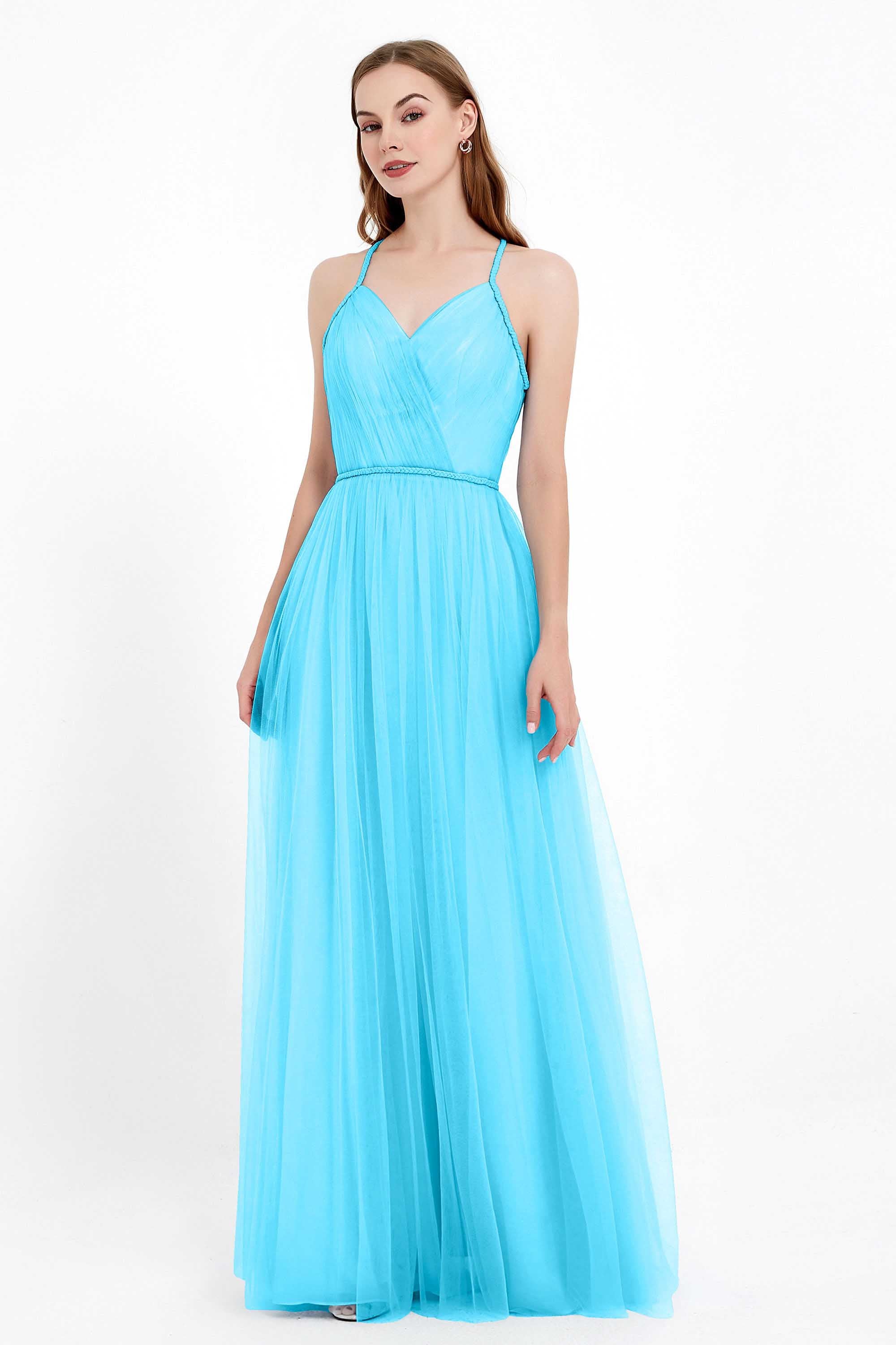 V Neck Tulle Spaghetti Straps Bridesmaid Dress Long Formal Evening Prom Dresses Gowns