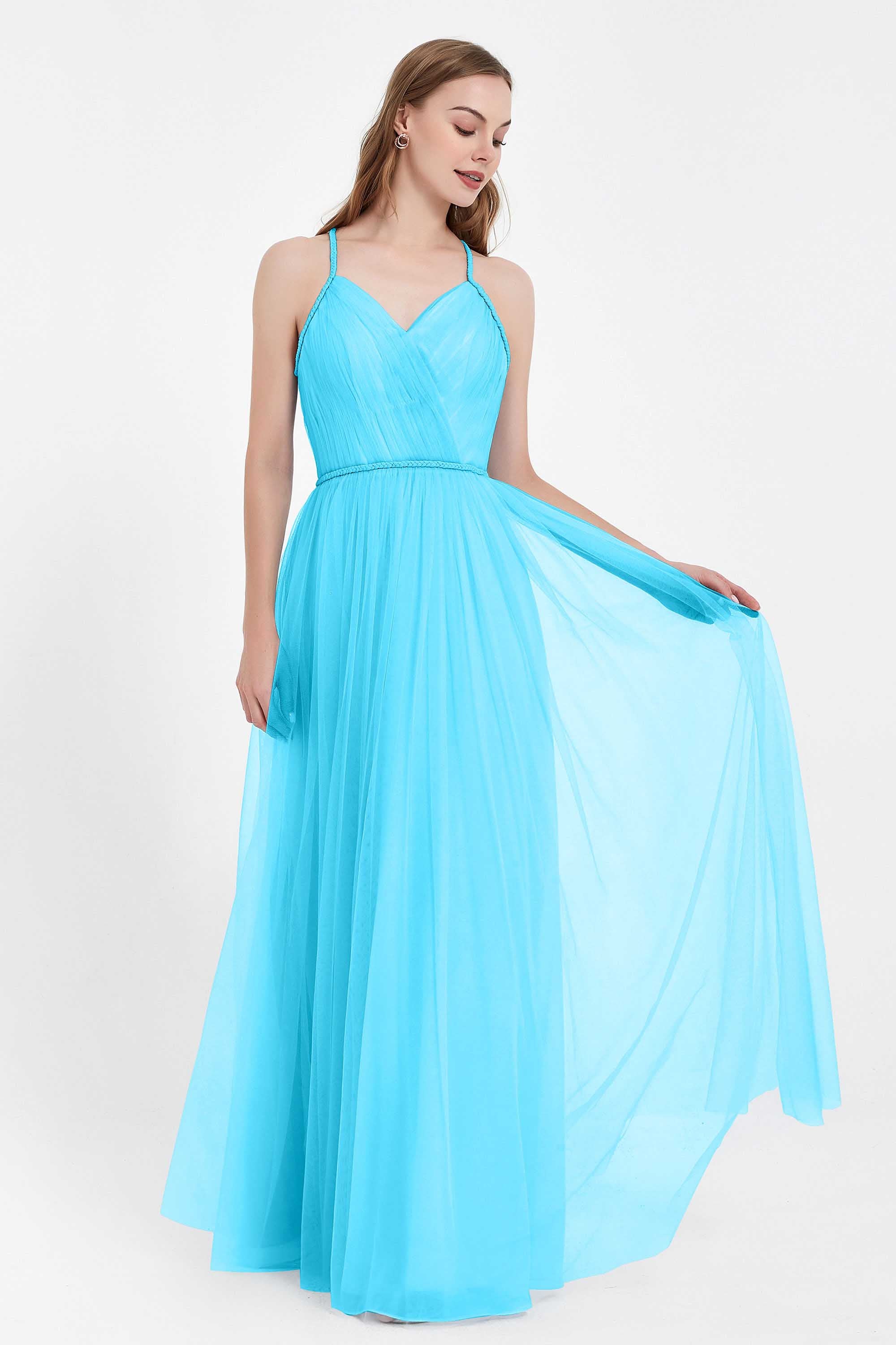 V Neck Tulle Spaghetti Straps Bridesmaid Dress Long Formal Evening Prom Dresses Gowns