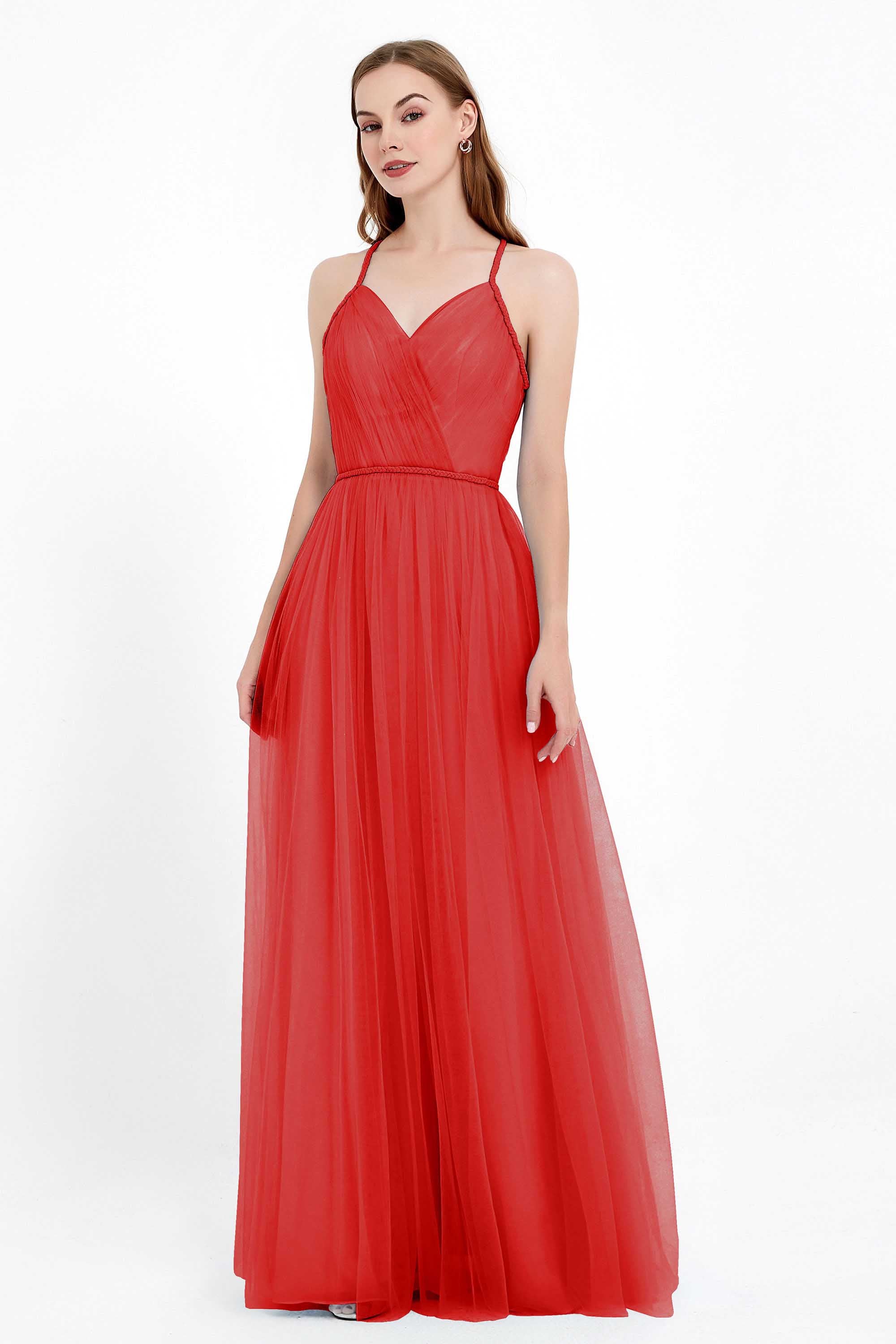 V Neck Tulle Spaghetti Straps Bridesmaid Dress Long Formal Evening Prom Dresses Gowns