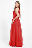 V Neck Tulle Spaghetti Straps Bridesmaid Dress Long Formal Evening Prom Dresses Gowns