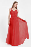 V Neck Tulle Spaghetti Straps Bridesmaid Dress Long Formal Evening Prom Dresses Gowns