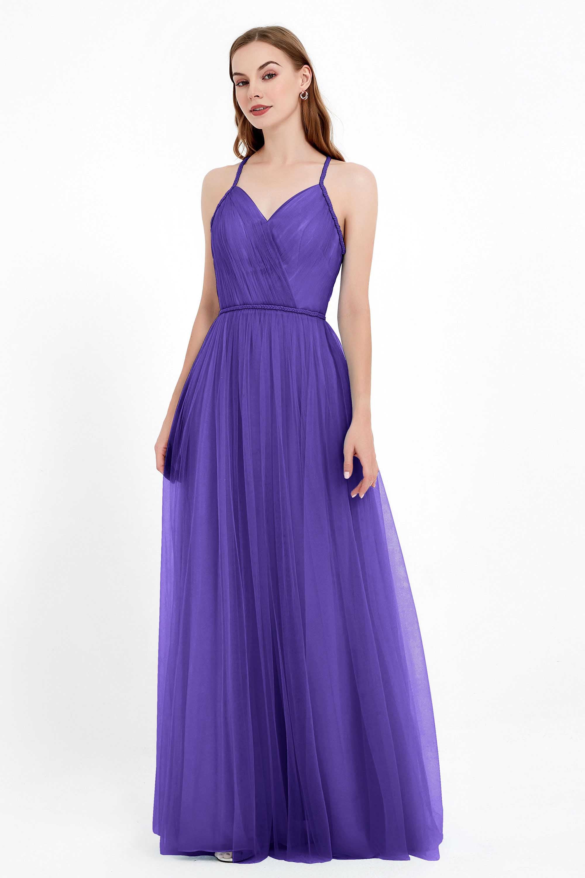 V Neck Tulle Spaghetti Straps Bridesmaid Dress Long Formal Evening Prom Dresses Gowns